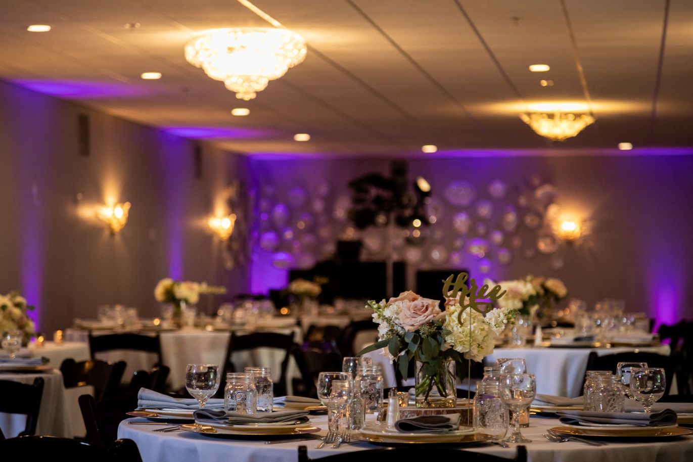 Stonegate Manor & Gardens Michigan wedding venue - wedding tables with pale pink flowers, purple uplighting and black folding chairs