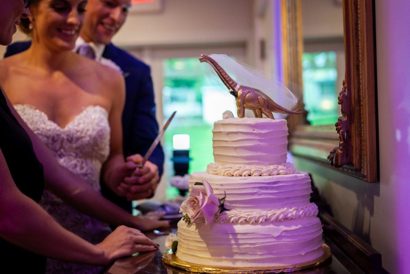 Stonegate Manor & Gardens Michigan wedding venue - wedding couple cutting cake with dinosaur on top