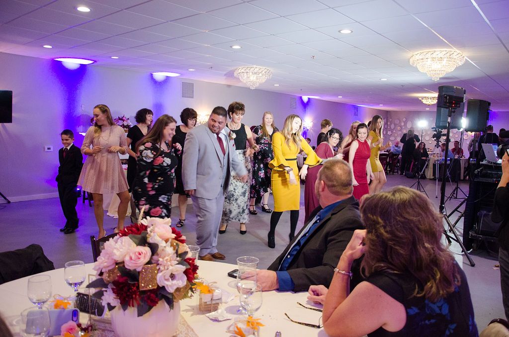 Stonegate Manor & Gardens Michigan wedding venue - guests dancing at wedding with purple uplighting